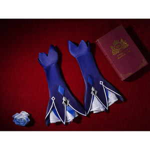 Seele cosplay blue arm sleeves flat lay on red with white trim and silver diamond emblem