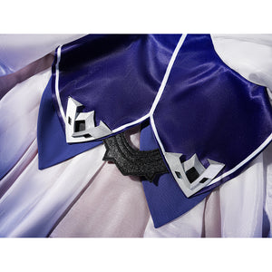 Seele cosplay blue cape mantle pieces showing white trim details and silver black emblem