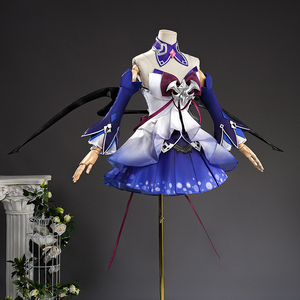 Seele cosplay blue dress front view on mannequin showing white bodice and dark wing accessories