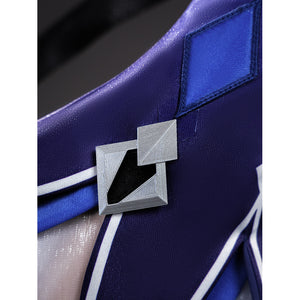 Seele cosplay blue sleeve with silver square diamond emblem accessory close-up detail shot