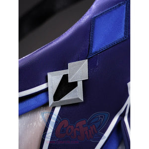Seele cosplay blue sleeve with silver square diamond emblem accessory close-up detail shot