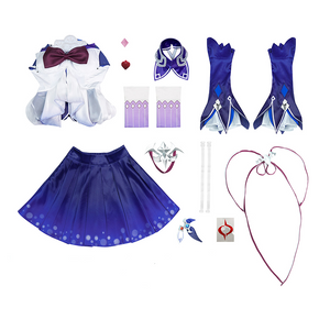 Seele cosplay complete costume set flat lay showing all components included on white background
