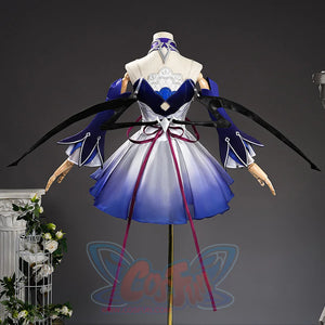 Seele cosplay costume back view on mannequin revealing embroidered panel and dark wing details