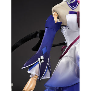 Seele cosplay long blue sleeve side angled view with diamond cuff detail and dark wing visible