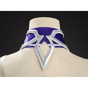 Seele cosplay purple collar back view with silver V-shaped arrow ornament at neckline