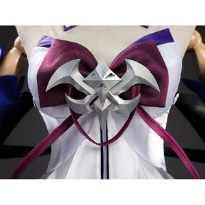 Seele cosplay silver star-shaped chest brooch close-up with dark red bow ribbon on white fabric
