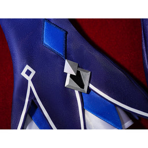 Seele cosplay blue sleeve macro showing silver square emblem with diamond-shaped trim details