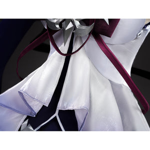 Seele cosplay white layered chest fabric detail with dark red ribbon and black center strap