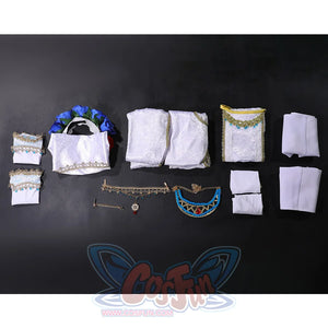 Shounen Jeanne cosplay costume complete set layout showing all pieces including headpiece and accessories