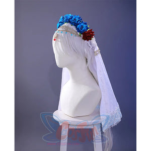 Shounen Jeanne cosplay costume headpiece with blue roses, red rose accent, and white lace veil