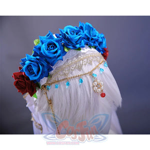Shounen Jeanne cosplay costume headdress close-up with blue and red roses and jeweled chain ornaments