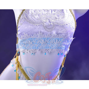 Shounen Jeanne cosplay costume bodice detail with intricate white lace patterns and blue jewel accents
