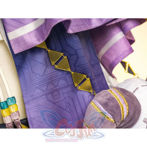 Sigrika cosplay outfit purple pants with gold patterns, purple cap and decorative accessories.