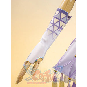 Sigrika cosplay outfit white arm sleeves with purple laces and gold bracelet with blue gem.