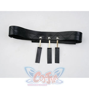 Sigrika cosplay costume black leather belt with silver buckles and three hanging straps.