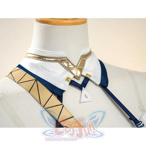 Sigrika cosplay costume collar closeup with gold geometric pattern and blue navy straps detail.
