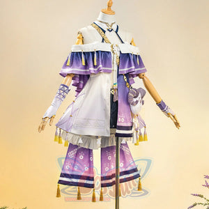 Sigrika cosplay outfit back view showing purple cape, white dress and gold accessories detail.