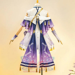 Sigrika cosplay outfit front view featuring white top, purple layered skirt with gold tassels.