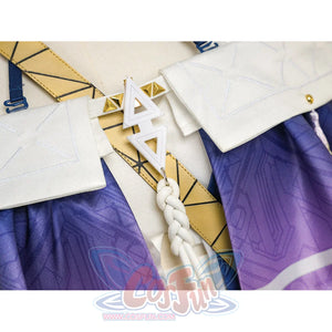 Sigrika cosplay outfit pieces with white top, gold geometric accents and purple fabric shown flat.
