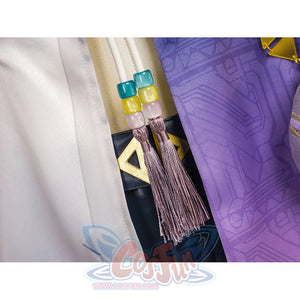Sigrika cosplay outfit closeup with colorful cube beads and purple tassels on white fabric.
