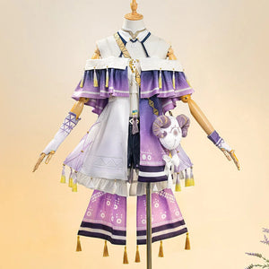 Sigrika cosplay costume with white top, purple layered skirt, gold accessories and plush toy.