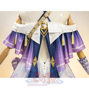 Sigrika cosplay outfit striped purple and navy skirt with gold triangles and tassels.