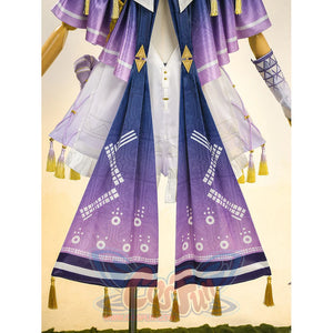 Sigrika cosplay outfit purple pants with white geometric circles and yellow tassel details.