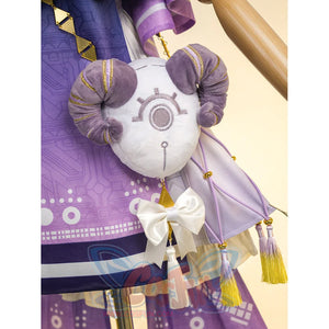 Sigrika cosplay outfit white plush toy with purple horns and decorated purple pattern belt.