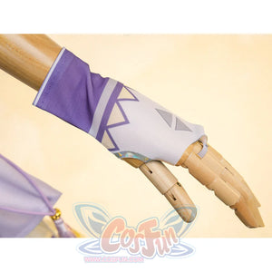 Sigrika cosplay costume white sleeve with purple cuff and triangle lacing pattern detail.
