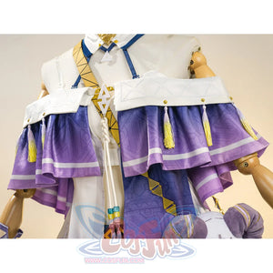 Sigrika cosplay outfit upper body with purple layered cape, white bodice and yellow tassels.