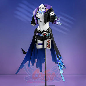 Silver Wolf cosplay costume upper body front view: black jacket, belt with power buckle, black shorts