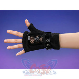 Silver Wolf cosplay black fingerless glove with patent leather wrist guard and metal studs on hand