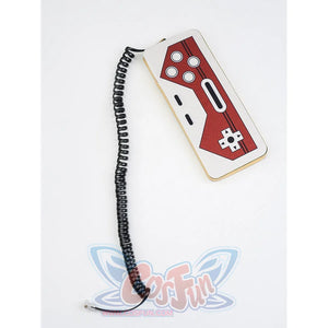 Silver Wolf cosplay retro-style game controller prop in red and white with a coiled black cord