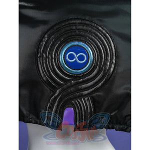 Silver Wolf cosplay jacket back close-up featuring embossed quilted infinity loop design with blue badge