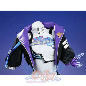 Silver Wolf cosplay jacket chest close-up showing holographic graphic print, purple collar, and zipper