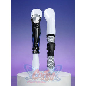 Silver Wolf cosplay leg accessories: black patent leather leg cover with silver top and blue stripe beside fishnet sock