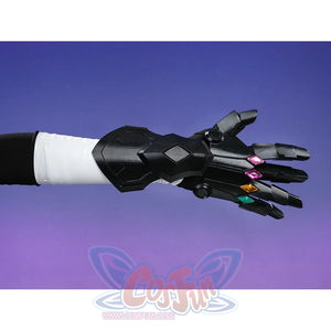 Silver Wolf cosplay black mecha glove prop with colorful gemstones on each finger over white arm sleeve