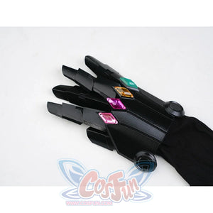 Silver Wolf cosplay black mecha glove flat lay showing teal, amber, and pink gemstones on each finger