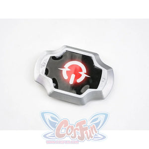 Silver Wolf cosplay silver octagonal belt buckle with black center and red power button icon design