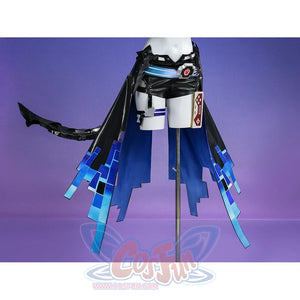 Silver Wolf cosplay lower body detail: black shorts, blue metallic belt, and layered blue geometric skirt