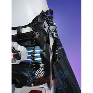 Silver Wolf cosplay waist detail with black star-shaped mecha prop, belt, and fishnet shorts visible