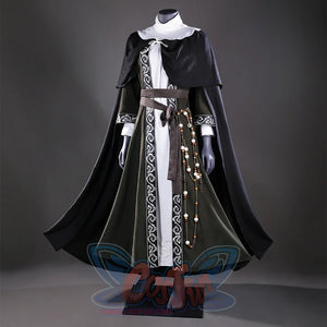A side view of the Sister Friede cosplay costume, highlighting the layered design of the cloak and the overall silhouette of the outfit.