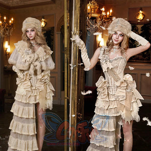 Crystal Fishbone Corset evening dress with optional fur stole and hat accessories elegantly styled