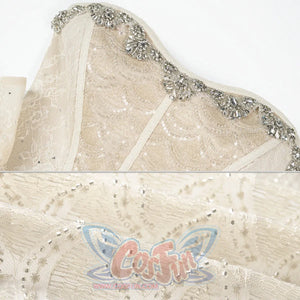 Crystal fishbone corset dress detail showing rhinestone embellishments and lace texture