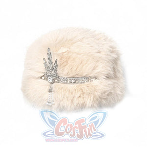 Luxury faux fur hat with rhinestone brooch detail for crystal fishbone corset ensemble