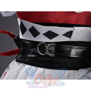 Sparxie cosplay costume waist detail showing black PU belt with D-ring buckle and white diamond checkered waistband