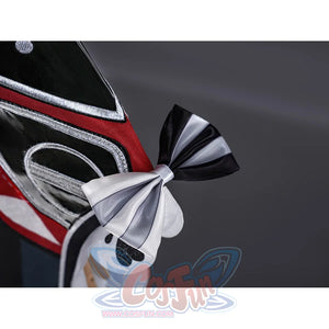 Sparxie cosplay costume sleeve detail with black and white striped ribbon bow and rabbit pattern on black cuff