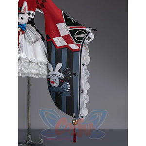 Sparxie cosplay costume back cape featuring printed rabbit character illustration on dark blue striped panel with lace trim