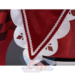 Sparxie cosplay costume red cape close-up with scalloped white lace hem, braided cord trim, and red diamond motifs