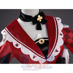Sparxie cosplay costume neckline close-up with black velvet choker, gold club brooch, and red cape with lace trim